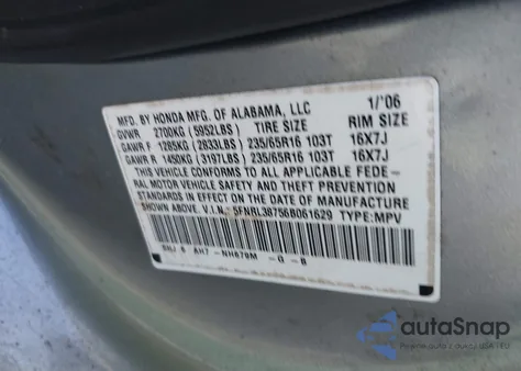 2006 Honda Odyssey Ex-L z USA, uszkodzony, nr VIN 5FNRL38756B061629